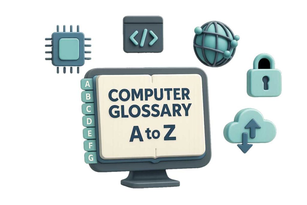 computer glossary, computer terms A to Z, computer terminology, computing definitions, hardware glossary, software glossary, networking terms, cybersecurity glossary, programming glossary