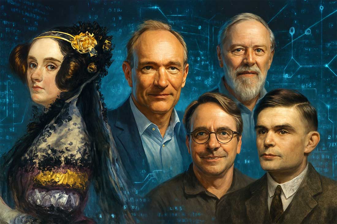 famous computer scientists, who is who in computer science, history of computer science, inventors of programming languages, pioneers of internet, computer science legends, AI inventors, tech innovators, Alan Turing, Dennis Ritchie, Rasmus Lerdorf, Tim Berners-Lee, Vint Cerf, Bill Gates, Steve Jobs