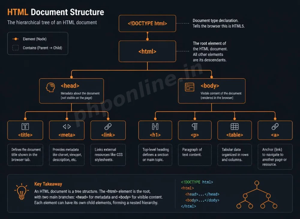 html document structure, learn html document structure, doctype html, html head tag, html body tag, html meta tags, basic html template