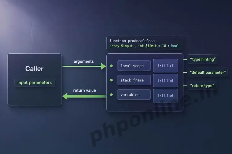 php functions, learn php functions, user defined functions php, php function parameters, php return values, php type hinting, anonymous functions php