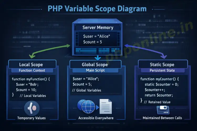 php variables, learn php variables, php variable scope, declare variable in php, php global local variable, php static variable, php variable rules