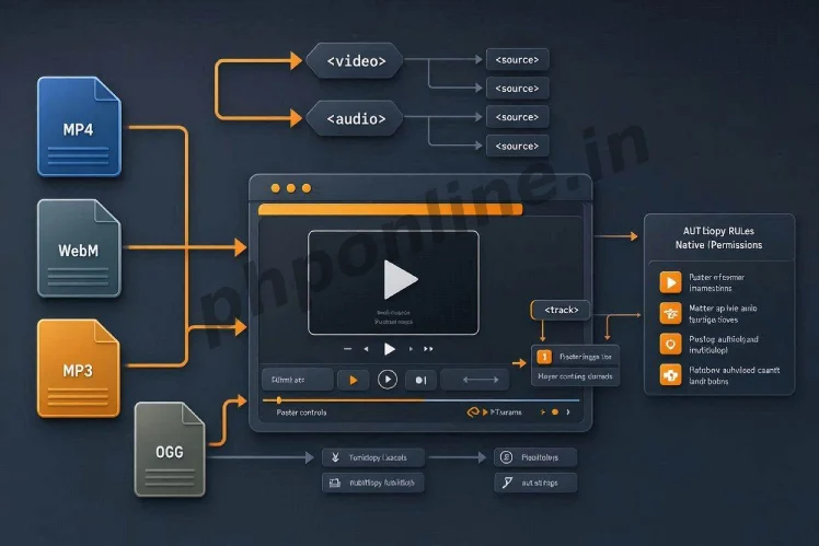 html audio and video, learn html audio and video, html video tag, html audio tag, html5 media elements, html video controls, embed audio html