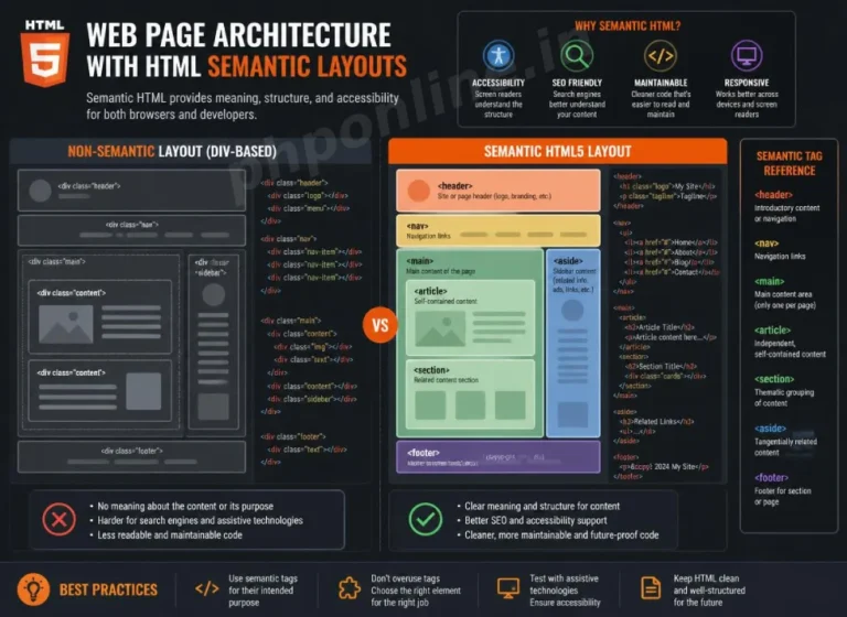 html semantic layouts, learn html semantic layouts, semantic html tags, html header tag, html nav tag, html main tag, html article vs section
