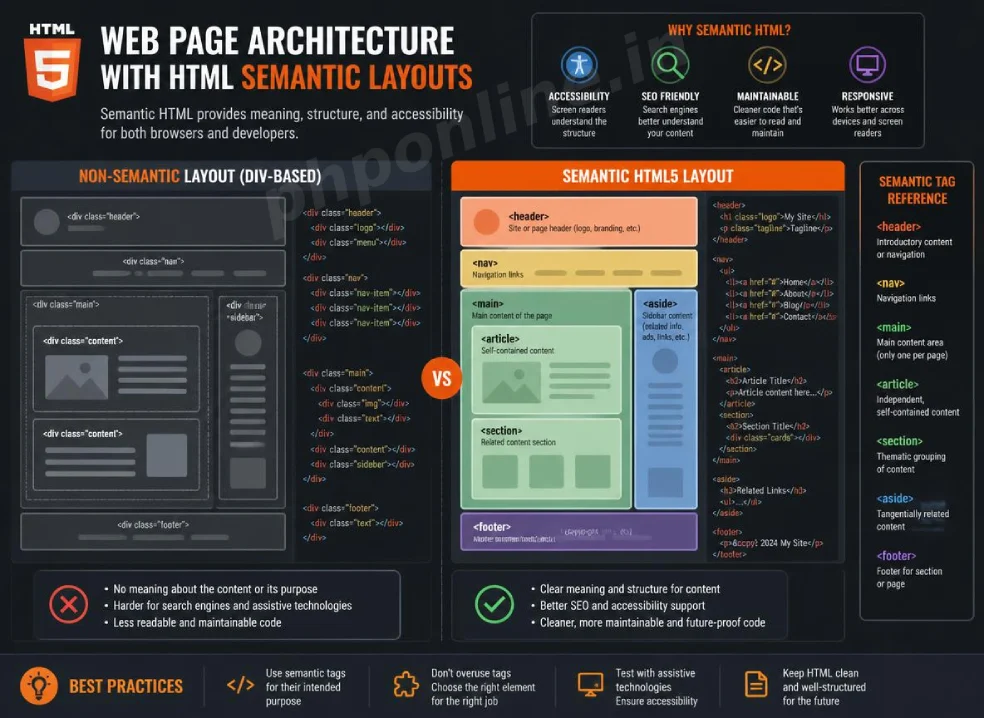 html semantic layouts, learn html semantic layouts, semantic html tags, html header tag, html nav tag, html main tag, html article vs section