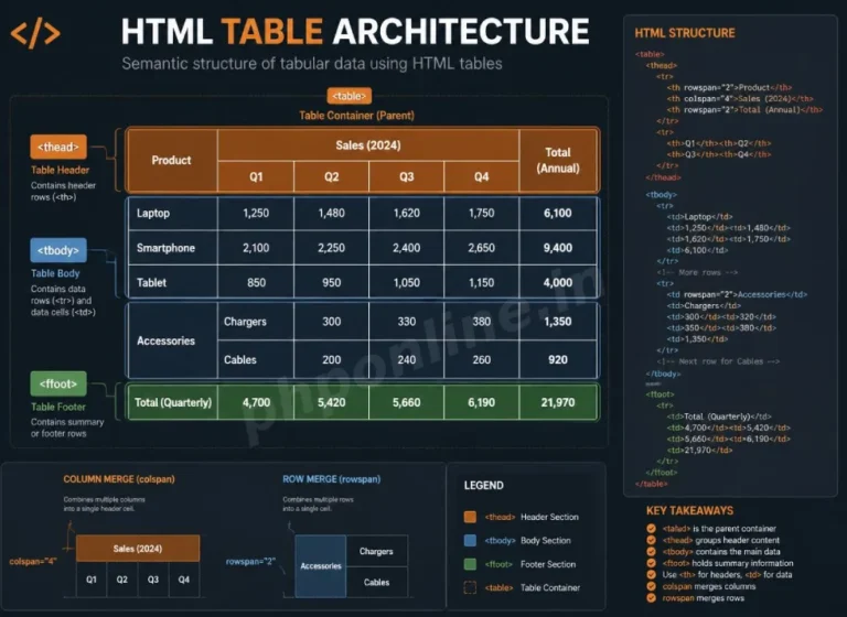 html tables, learn html tables, html table tag, html tr tag, html td tag, html th tag, colspan and rowspan html