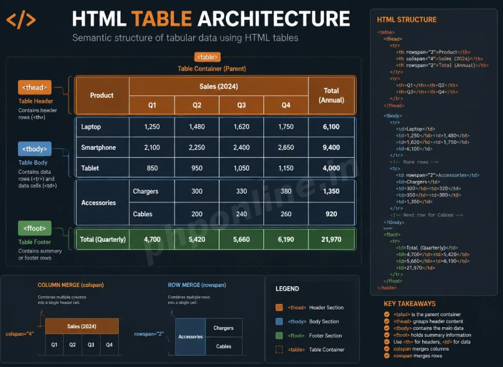 html tables, learn html tables, html table tag, html tr tag, html td tag, html th tag, colspan and rowspan html