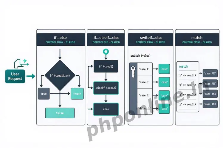 php conditional statements, learn php conditional statements, php if else, php switch statement, php match expression, control flow php, php branching logic