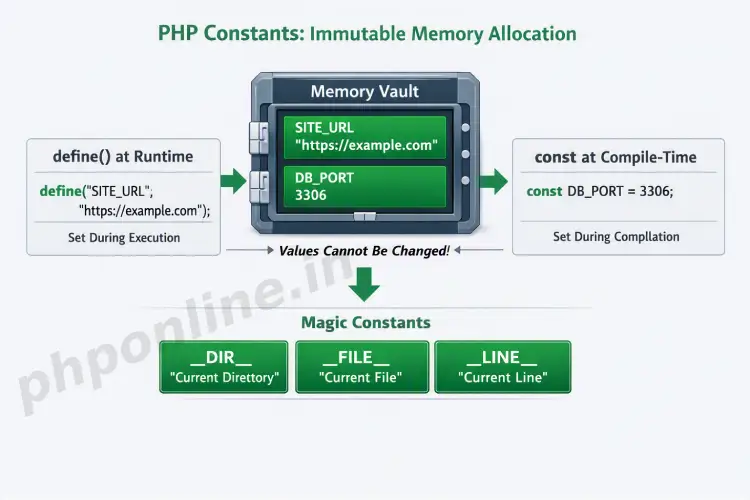 php constants, learn php constants, define vs const in php, php magic constants, php global constants, immutable variables php, constant arrays php