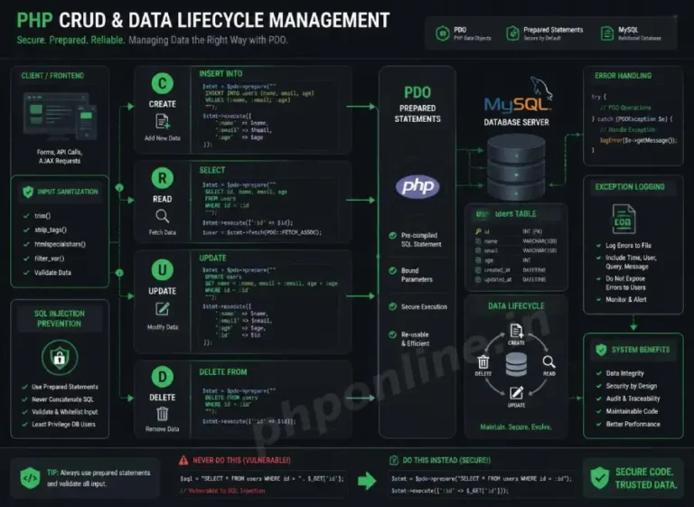 php crud operations, learn php crud operations, php pdo insert, php pdo select, php pdo update, php pdo delete, secure crud php