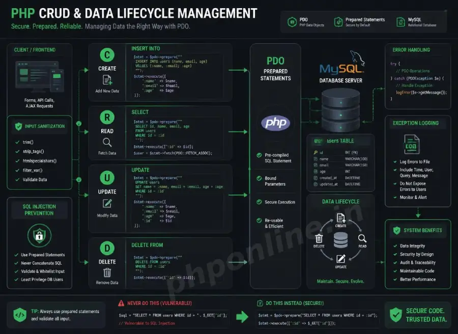 php crud operations, learn php crud operations, php pdo insert, php pdo select, php pdo update, php pdo delete, secure crud php