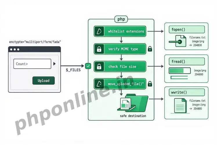 php file handling, learn php file handling, fopen in php, move_uploaded_file php, $_FILES in php, php file upload validation, read file php