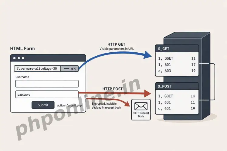 php form handling, learn php form handling, get vs post php, php superglobals, $_POST in php, $_GET in php, process HTML form php