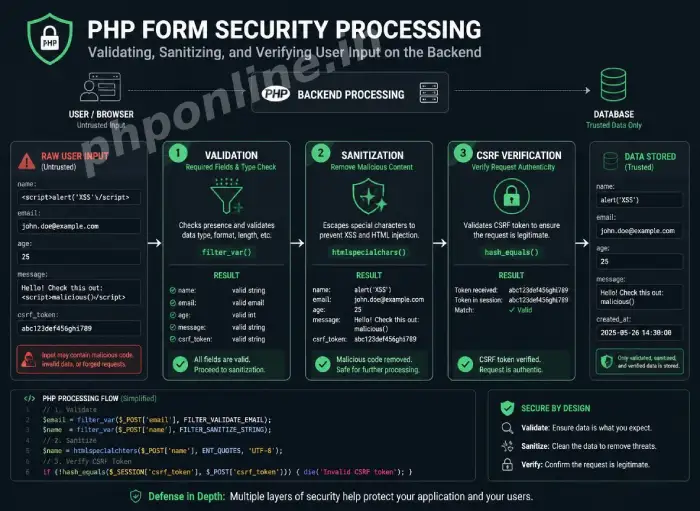 php form validation, learn php form validation, php input sanitization, filter_var php, prevent xss php, htmlspecialchars php, csrf token php