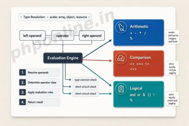 php operators, learn php operators, php arithmetic operators, php comparison operators, php logical operators, ternary operator php, spaceship operator php