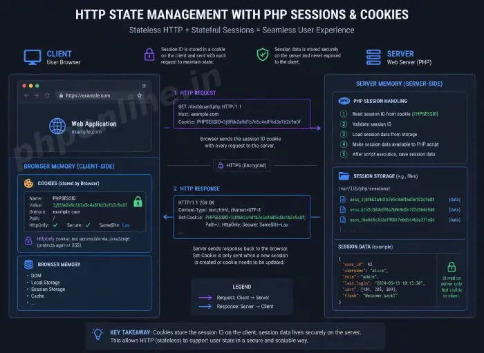 php sessions and cookies, learn php sessions and cookies, setcookie in php, session_start php, php session security, php session_destroy, php session regenerate id