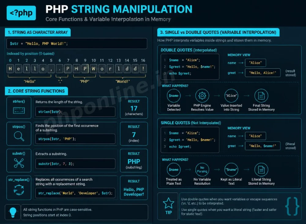 php strings, learn php strings, php string functions, strlen in php, str_replace php, php string manipulation, php string concatenation