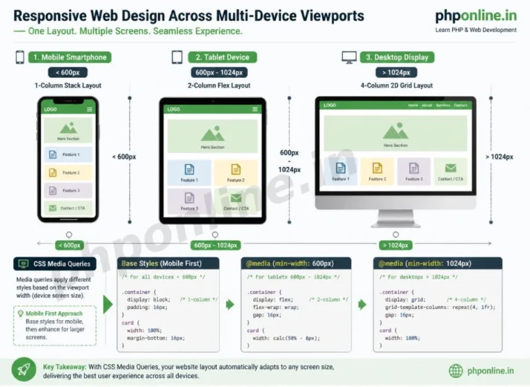 css media queries, learn css media queries, responsive web design css, css breakpoints min-width, mobile first css, css viewport meta tag, responsive layouts css