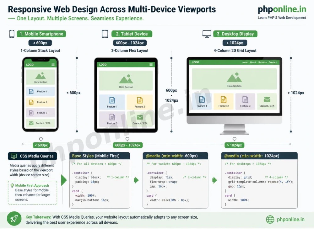 css media queries, learn css media queries, responsive web design css, css breakpoints min-width, mobile first css, css viewport meta tag, responsive layouts css
