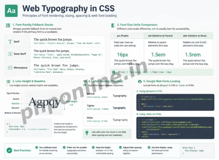 css typography, learn css typography, css font family, css font size rem vs px, css line height, google fonts css, css text alignment