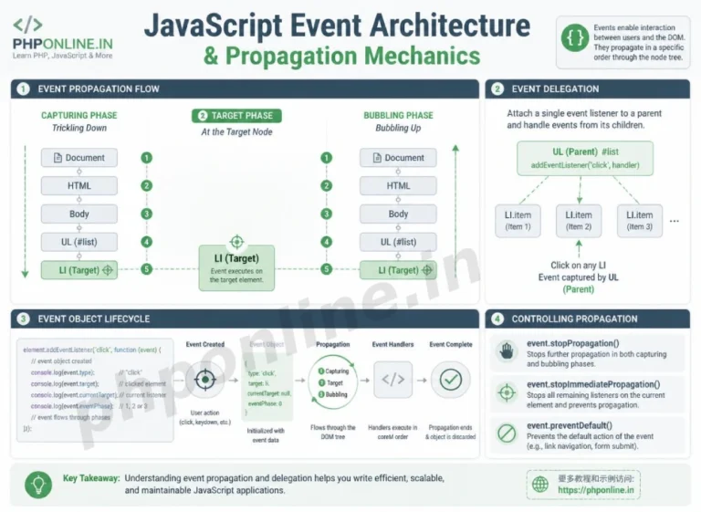 javascript events, learn javascript event listeners, addEventListener javascript, event bubbling and capturing, event delegation javascript, preventDefault javascript, keyboard and mouse events