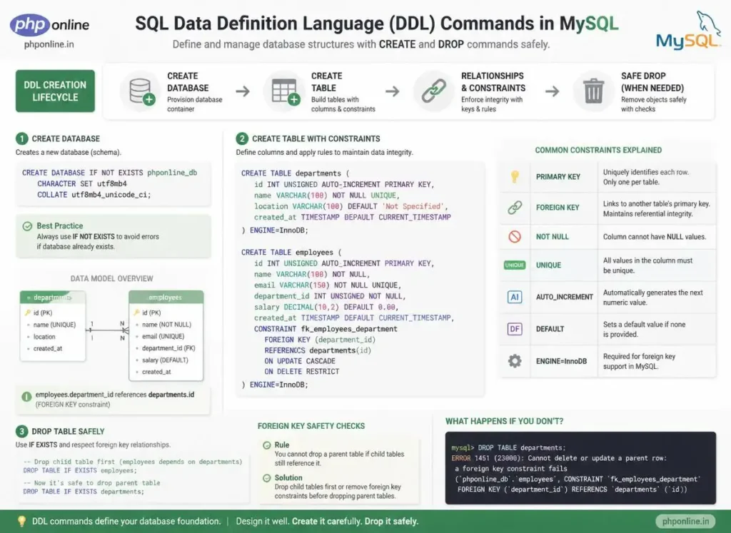 mysql create table, learn mysql create table, create database mysql, drop table if exists mysql, mysql table constraints, primary key foreign key mysql, auto increment mysql