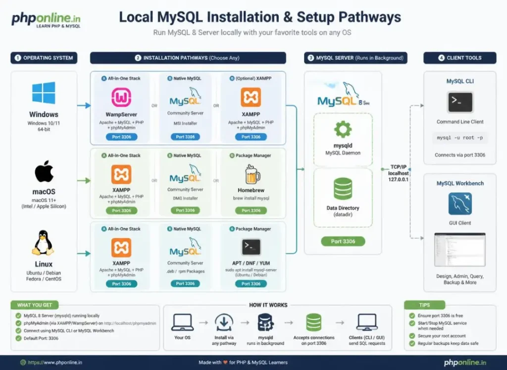 mysql installation, learn mysql setup, install mysql server, xampp mysql setup, mysql workbench installation, phpmyadmin local setup, mysql command line client